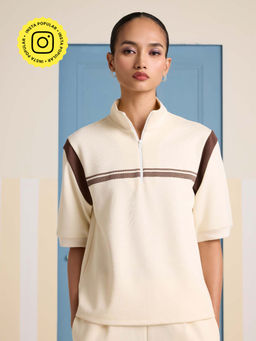 Muvazo - Layover Zip Up Beige Top - Buttermilk