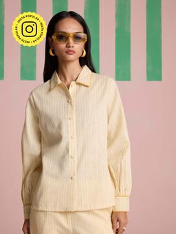 Muvazo - Linen Gathered Sleeve Yellow Shirt