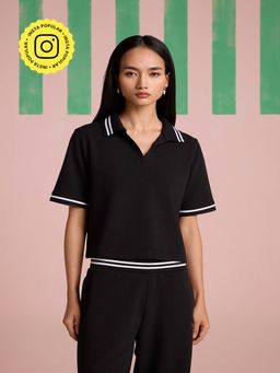 Muvazo - Breezy Texture Sleeve Polo T-Shirt - Black