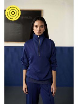 Muvazo - Navy Blue Scuba Solid Oversized Sweatshirt