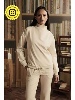 Muvazo - Beige Polycotton Solid Regular Sweatshirt