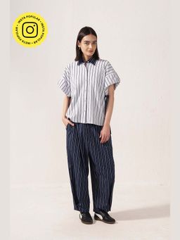 Muvazo - Workform Striped Blue Shirt With Pant Co-Ords