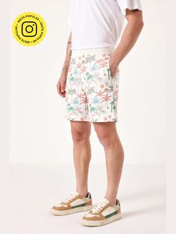 Muvazo - Beige Polyester Relaxed Printed Shorts
