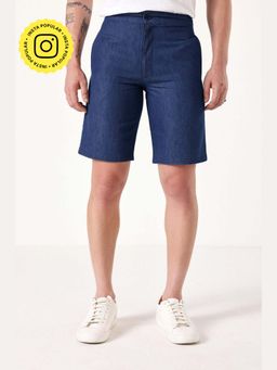 Muvazo - Navy Blue Denim Relaxed Solid Shorts