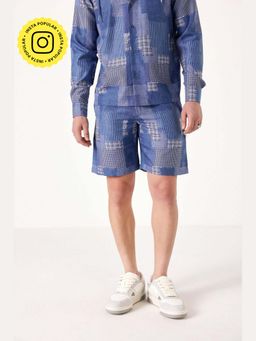 Muvazo - Blue Linen Relaxed Checks Shorts