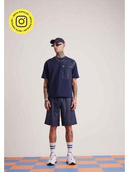Muvazo - Navy Blue Polyester Relaxed Solid Shorts