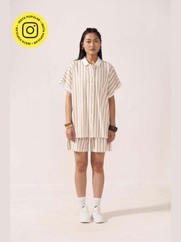 Muvazo - Brown Cotton Blend Stripes Co-Ords Sets