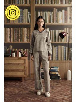 Muvazo - Brown Cotton Blend Checks Co-Ords Sets