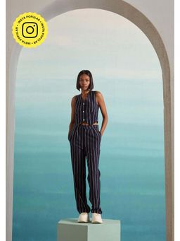 Muvazo - Navy Blue Polyester Stripes Co-Ords Sets