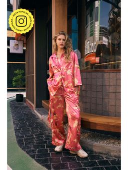 Muvazo - Pink Polyester Satin Printed Co-Ords Sets