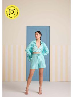 Muvazo - Aqua Polyester Stripes Co-Ords Sets