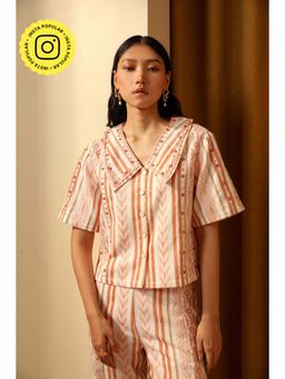 Muvazo - Orange Cotton Geometric Regular Top