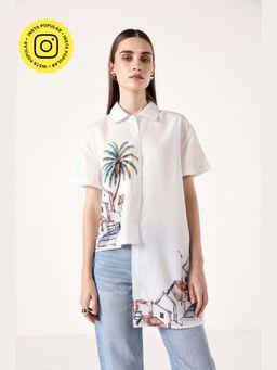 Muvazo - White Linen Printed Relaxed Shirt