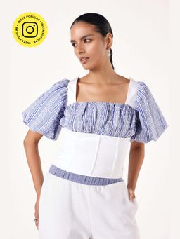 Muvazo - Blue Cotton Blend Printed Fitted Top