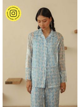 Muvazo - Blue Organza Printed Regular Top