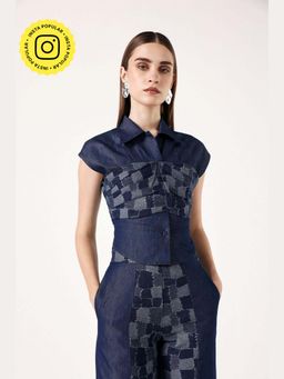 Muvazo - Navy Blue Denim Printed Regular Top