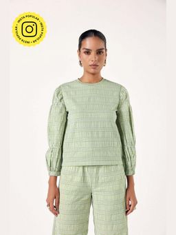 Muvazo - Green Cotton Checks Regular Top