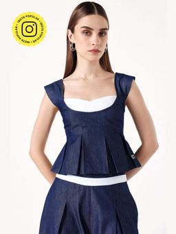 Muvazo - Blue Denim Solidlain Fitted Top