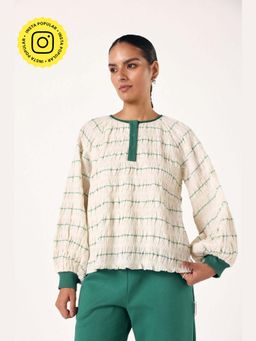 Muvazo - Off White Cotton Lycra Stripes Relaxed Top