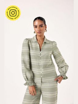 Muvazo - Green Cotton Checks Relaxed Shirt