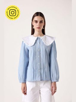 Muvazo - Blue Pure Cotton Checks Relaxed Shirt