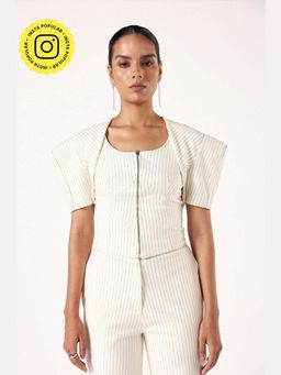 Muvazo - Beige Polyester Stripes Tailored Top
