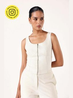 Muvazo - Beige Cotton Blend Stripes Tailored Top