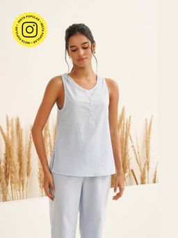 Muvazo - Blue Pure Cotton Solidlain Regular Top