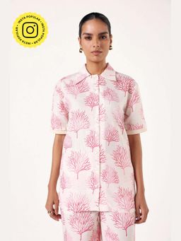 Muvazo - Pink Linen Printed Relaxed Shirt