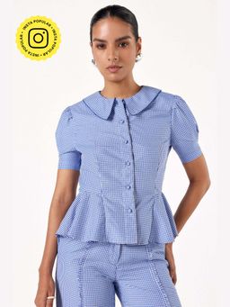 Muvazo - Blue Pure Cotton Checks Peplum Top