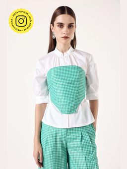 Muvazo - Green Cotton Checks Fitted Top