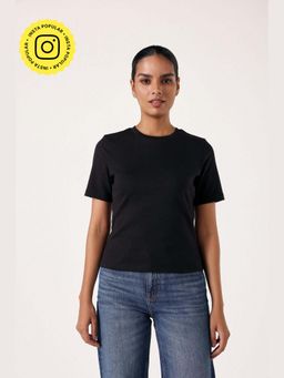 Muvazo - Black Pure Cotton Solidlain Fitted T-Shirt