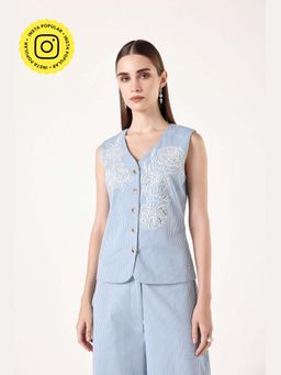 Muvazo - Blue Pure Cotton Stripes Relaxed Top