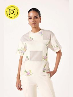 Muvazo - Beige Cotton Floral Regular Top