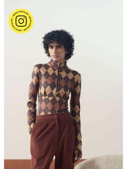 Muvazo - Brown Scuba Geometric Regular Top