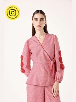 Muvazo - Red Pure Cotton Checks Wrap Top