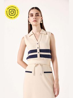 Muvazo - Beige Cotton Colorblock Regular Top