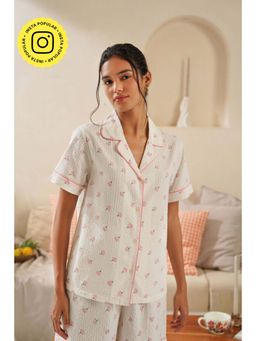 Muvazo - White Pure Cotton Floral Collar Neck Shirt