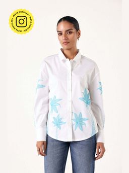 Muvazo - White Organic Cotton Printed Collar Neck Shirt