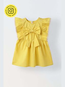 Muvazo - Infant Girls Yellow Ruffled Sleeve Cotton Dress