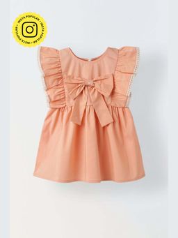 Muvazo - Infant Girls Peach Ruffled Sleeve Cotton Dress