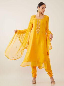 Soch - Mustard Hand Embroidery Georgette Unstitched Dress Material ( Set of 3 )