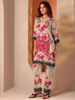 Libas - Women Off White Cotton Blend Printed Kurta with Trouser