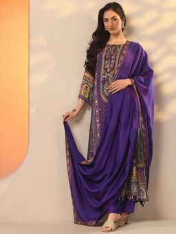 Libas - Women Purple Muslin Printed Kurta with Trouser and Dupatta