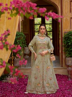 Vaamsi - Women Grey Silk Blend Embroidered Kurta with Skirt and Dupatta