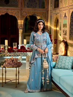 Vaamsi - Women Blue Viscose Rayon Embroidered Kurta with Palazzo and Dupatta