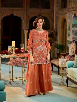 Vaamsi - Women Orange Viscose Rayon Embroidered Kurta with Palazzo and Dupatta