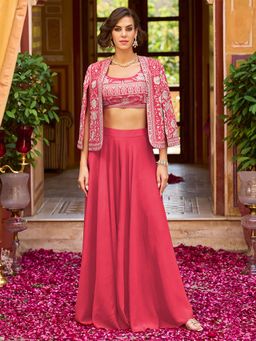 Vaamsi - Women Pink Silk Blend Embroidered Top with Palazzo and Shrug