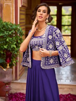 Vaamsi - Women Navy Blue Silk Blend Embroidered Top with Palazzo and Shrug