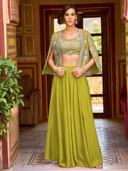 Vaamsi - Women Green Silk Blend Embroidered Top with Palazzo and Shrug
